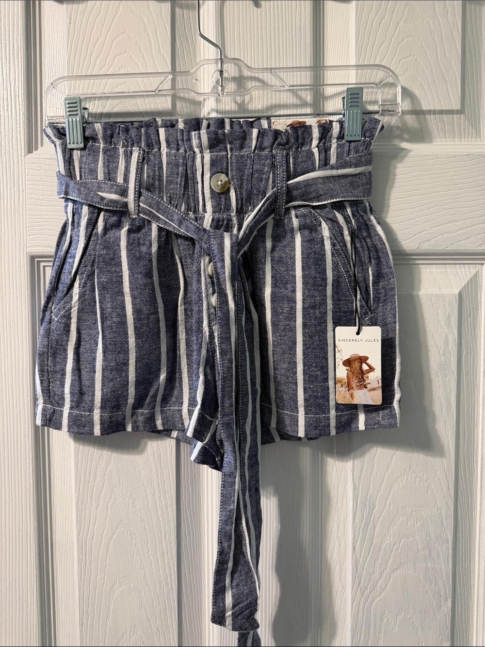 Sincerly Jules Navy & White Vertical-Stripe Paperbag Shorts with Tie